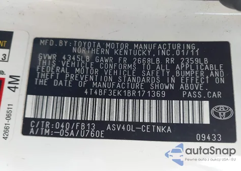 2011 Toyota Camry Le from USA, damaged, VIN 4T4BF3EK1BR171369